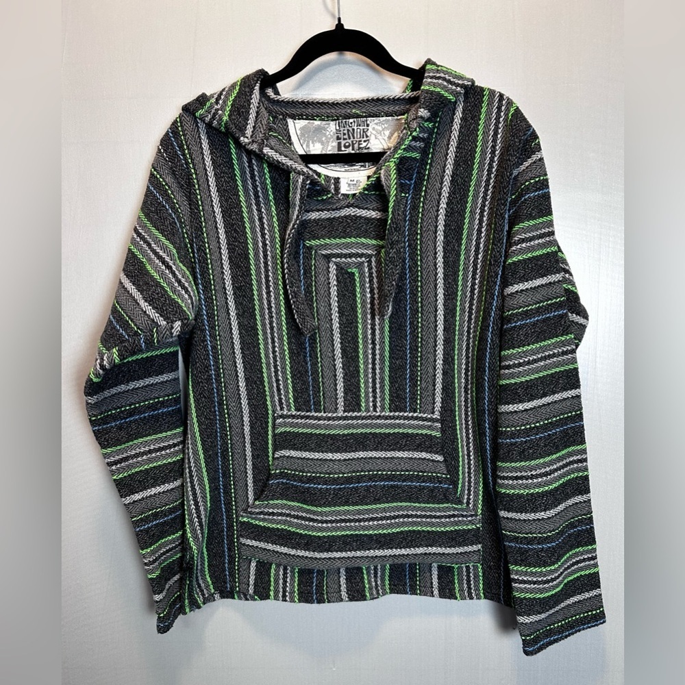 Original Senor Lopez Green & Black Striped Baja Mexican Hoodie Adult Medium
